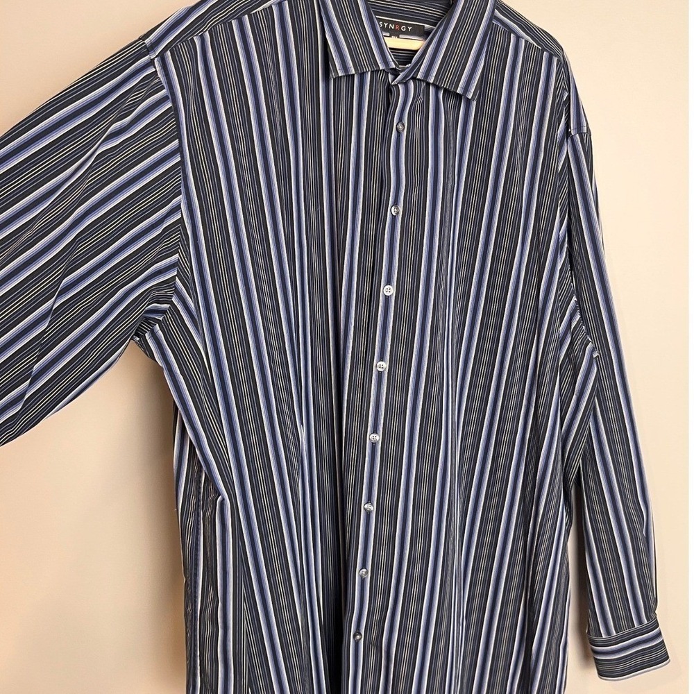 SYNRGY Shirt Mens 3XLT Button Up Long Sleeve Dress‎ Blue Black White Stripe